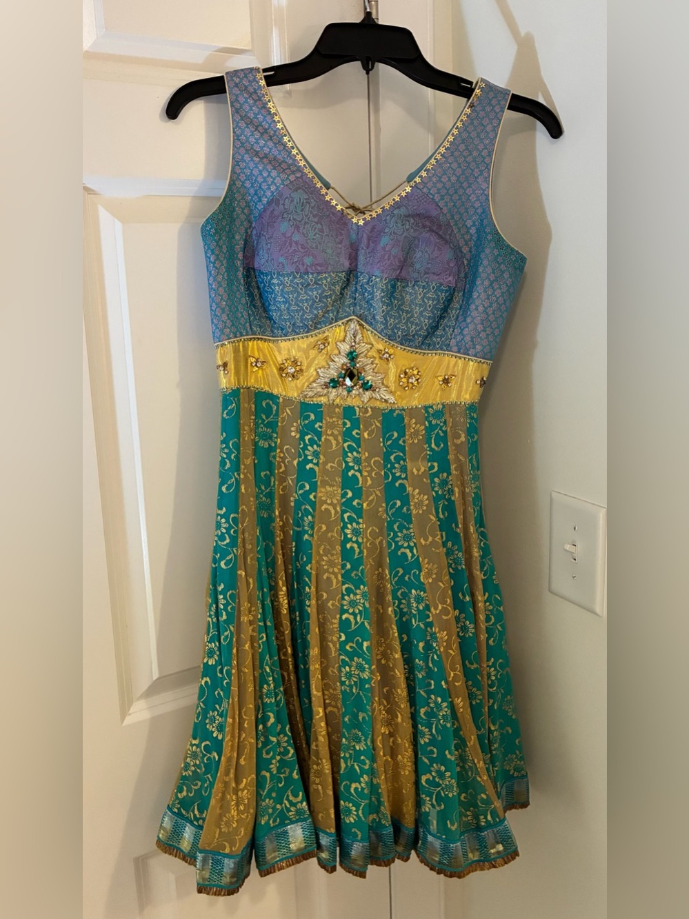 Handmade Vintage Teal, Gold & Purple Women's Salwar Kameez Dress with Scarf XXS